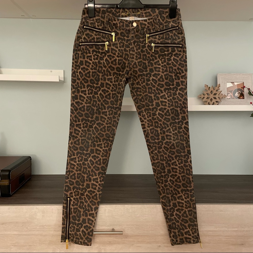 Michael Kors Brown Leopard Print Skinny Ankle Gold Zippered Pants